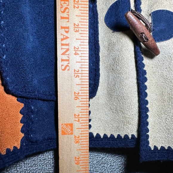 Vintage Women`s Small Leather Acrylic Indian Aztec Navy Blue Jacket w/ Hood - Picture 6 of 10